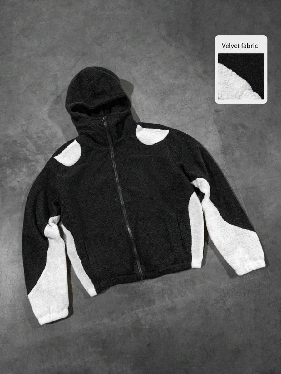 Manfinity EMRG Men's Casual Contrast Color Black And White Zip Up Hoodie,Winter Fleece Jacket Hiking Streetwear,Y2k Emo Style Velvet Fabric Warm Hooded Jackets - Multicolor - View 1