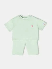 SUMWON Baby Girls Two Piece Set Self Love Crew T-Shirt Biker Shorts Matching Co-Ord Summer Spring Casual Outfit - Green - View 3