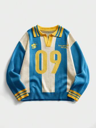 Men's Preppy  Polo Collar Knitted Jacquard Sweater