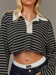 Athîral 女士休闲条纹 Polo 领落肩长袖短款 T 恤 - 彩色 - 查看 4