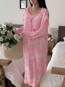 DAZY Tie-Dye Print Ruffle Trim Long Nightgown For Women - Pink - View 1