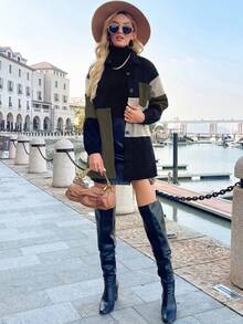 EMERY ROSE Chaqueta de mujer de manga larga, cuello de camisa, de un solo pecho, con bolsillo y contraste de color, para otoño/invierno