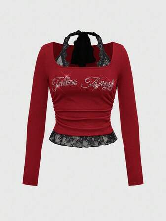 ROMWE Avant Punk Bro Letter Rhinestone & Lace Patchwork Crew Neck Fitted Women Long Sleeve T-Shirt