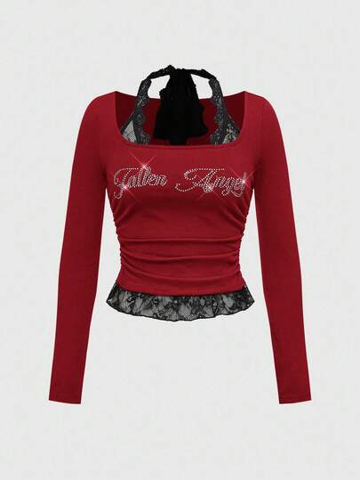 ROMWE Avant Punk Bro Letter Rhinestone & Lace Patchwork Crew Neck Fitted Women Long Sleeve T-Shirt