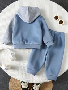 SHEIN 2pcs/Set Toddler Boys/Girls Fall & Winter Outfits, Patchwork Contrast Color Hooded Sweatshirt Long Sleeve Knit Top And Pants Set, Comfortable Casual Cute Letter Graphic Basic Hoodie And Pants Suit, Suitable For Indoor, Outdoor, Daily Wear, Sports, Play, Party, Photography, Holiday  Baby Boy Tracksuits
