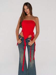SHEIN ICON Y2K Women's Asymmetric Hem Ruched Ruffled Hem Strapless Mesh Top Strapless Top Red Casual Top Red Tube Top - Red - View 3