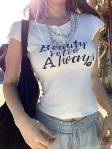 DAZY T-shirt décontracté à manches courtes, col rond, imprimé lettres, demi-zip pour femmes en été