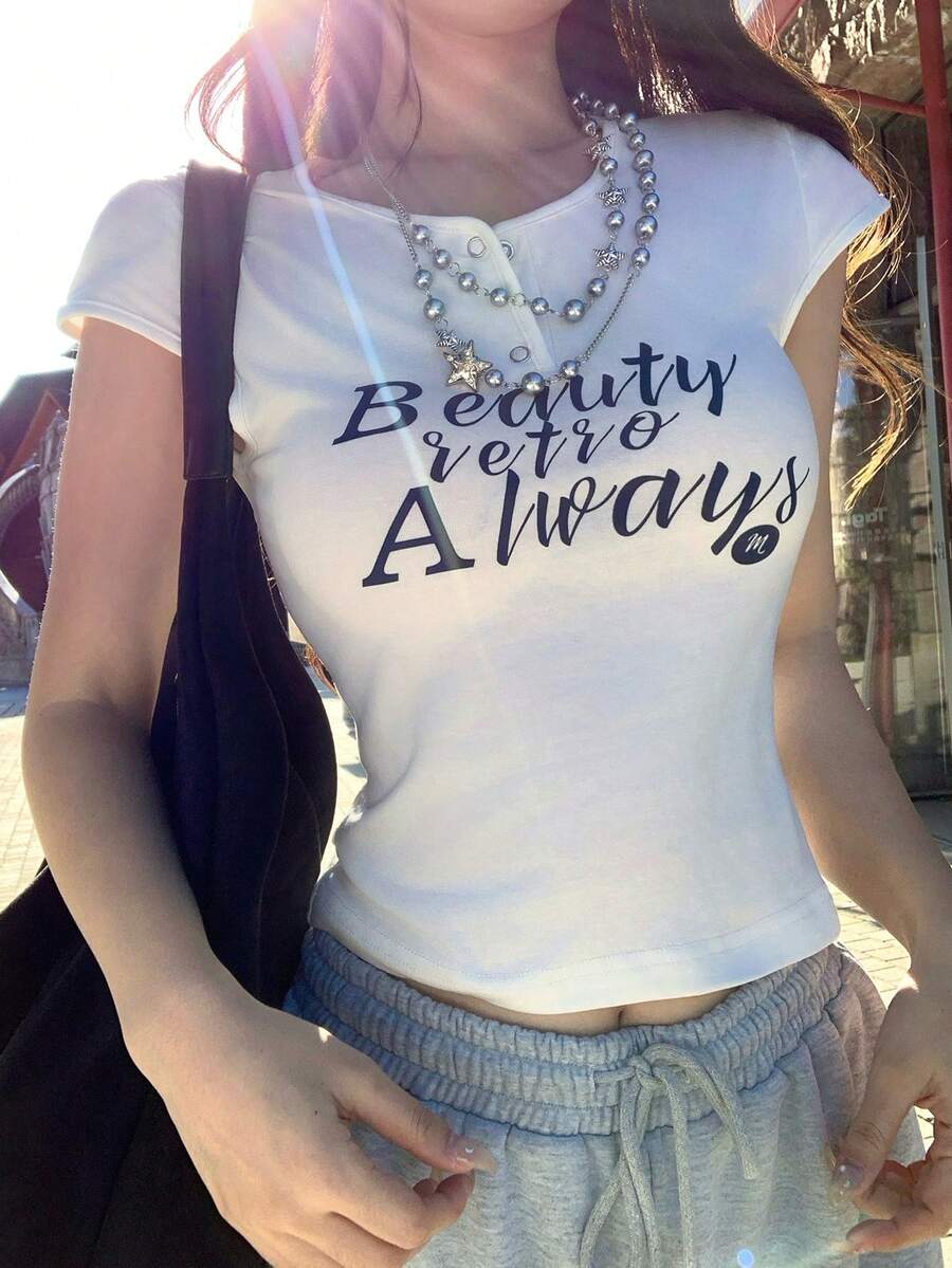 DAZY T-shirt décontracté à manches courtes, col rond, imprimé lettres, demi-zip pour femmes en été