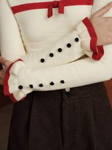 Uhlyne Uhlyne Sweater Rajut Lengan Panjang Wanita Model Turtleneck dengan Kancing dan Rumbai, Dilengkapi Pita dan Lapisan Termal yang Pas di Badan - MultiWarna - View 6