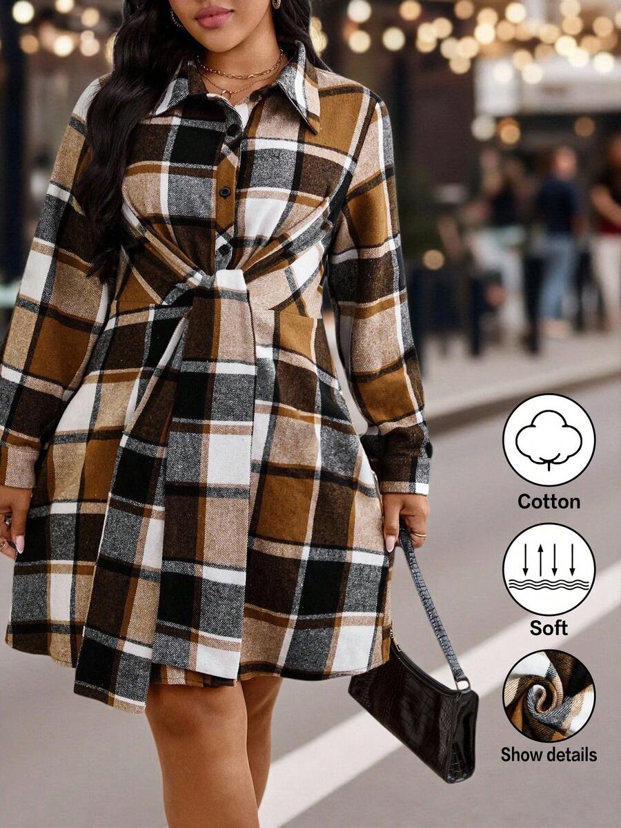 EMERY ROSE 女式编织格纹休闲通勤秋季平码连衣裙 - 卡其色 - 查看 1