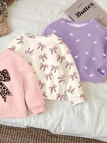 3 pièces/set Jeune fille Blanc crème, Beige crème, Violet crème Nœud léopard vintage, Motif nœud à pois mini Pulls confortables et doux à col ras du cou, Convient pour l'automne/l'hiver, l'automne, le confort facile, les couches d'automne, à la mode, décontracté, bébé et graphique, l'automne, la rentrée, convient pour la maison, l'école, les sorties, la photographie de rue - Multicolore - Voir 4