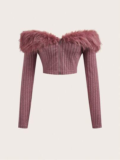 Sweetina Chaqueta corta rosa con hombros descubiertos y ribete de peluche para otoño/invierno