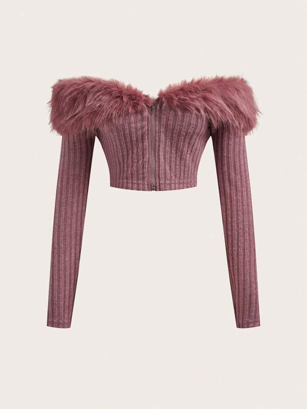 Sweetina 秋冬露肩毛绒饰边短款粉色夹克