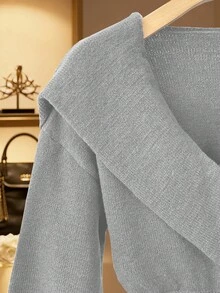 Franclia Women's Autumn Elegant Office Crossover Collar Gold Metal Button Knit Pullover Sweater,Formal Fashion Drop Shoulder Long Sleeve Solid Crop Cardigan - Light Grey - View 4