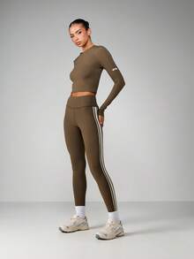 MISSGUIDED 女士橄榄绿高腰运动紧身裤，侧边饰有白色条纹，适合运动健身、跑步、训练、瑜伽等场合。 - 彩色 - 查看 3