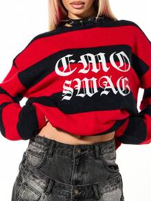 SUMWON WOMEN Suéter de cuello redondo oversize con estampado gráfico a rayas para mujer, de manga larga, de punto, para otoño e invierno - Multicolor - Ver 4
