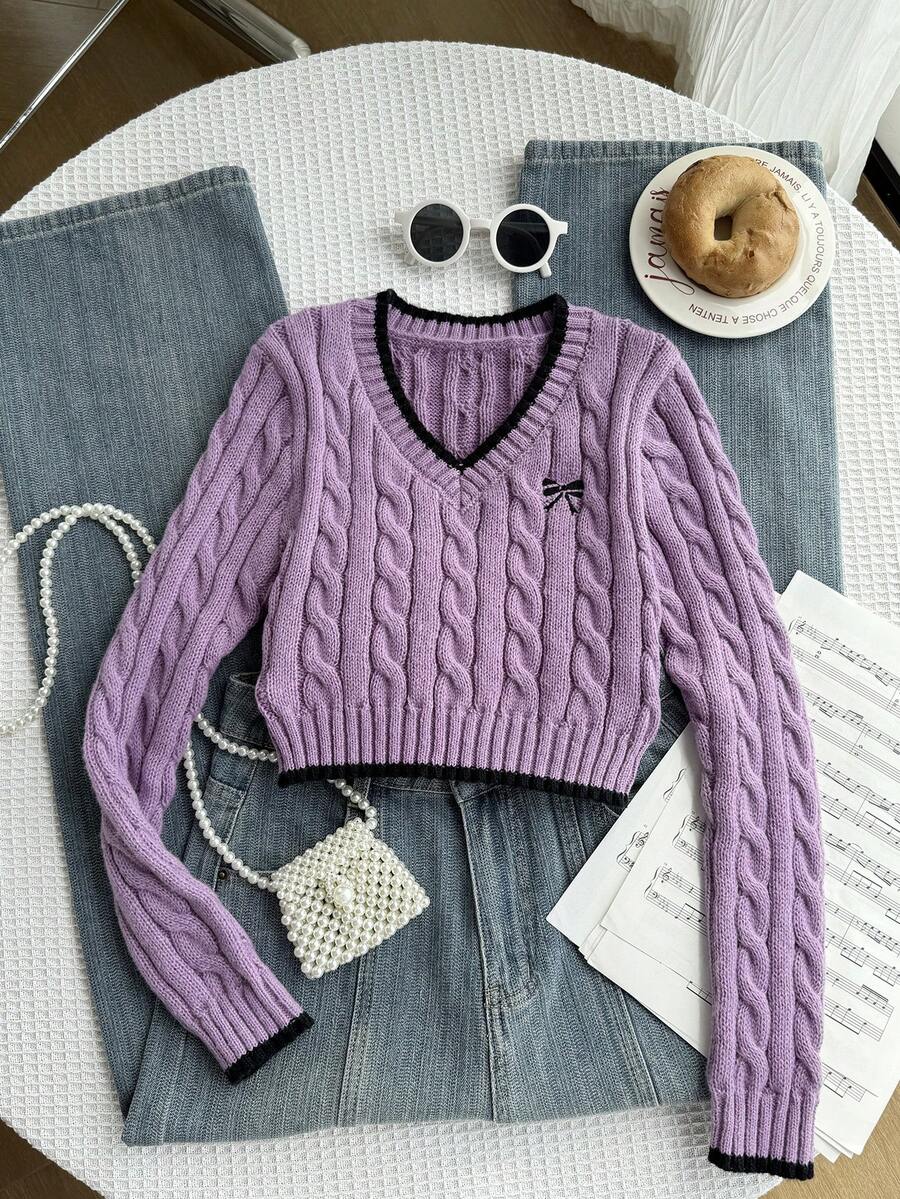 SHEIN 少女蝴蝶结刺绣V领长袖休闲毛衣，秋冬季 - 紫色 - 查看 1
