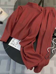 Franclia 2025秋冬新款休闲运动套装女时尚修身简约抓绒拉链连帽衫阔腿裤两件套 - 紅色 - 查看 2