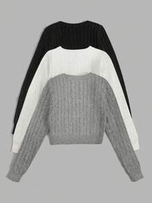 Chiquease 女式休闲粗线图案圆领长袖毛衣，秋冬 - 彩色 - 查看 3