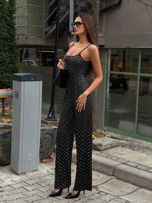 TRNVIE 女士休闲波点连体裤，配有可调节肩带，宽松直筒裤型，适合叠穿、通勤以及秋冬季穿着。 - 黑與白 - 查看 2