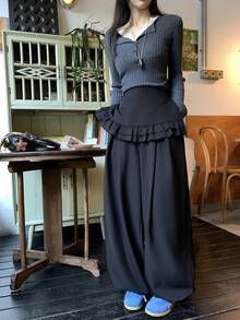 DAZY 两件套女式韩版休闲纯色荷叶边裤装 - 灰色 - 查看 4