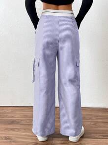 SHEIN Unity 女士休闲条纹直筒工装裤 - 寶藍色 - 查看 2