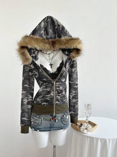 Elamini 1pc Women's Casual Street Camo Print Thin Fleece Collar Fitted Long Sleeve Jacket, Spring