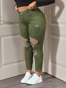 SHEIN ICON 大码纯色做旧毛边口袋修身牛仔裤 - 軍綠色 - 查看 4