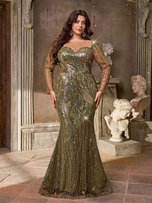 Aureia فستان أنيق فاخر مطرز بالترتر الأخضر مع فتحة رقبة، أكمام طويلة، قصة ذيل حورية البحر، مناسب للمناسبات الرسمية، الحفلات، المواعيد، الزفاف، السهرات، العطلات، بداية العام الدراسي