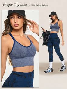 Eassivo Eassivo Women's Seamless High Elasticity Aerobic Yoga Fitness Sports Bra, Seamless Sports Bras, Backless Sports Bra, Workout Sets Women Sport Bra, Workout Tops With Bra - Navy Blue - View 4