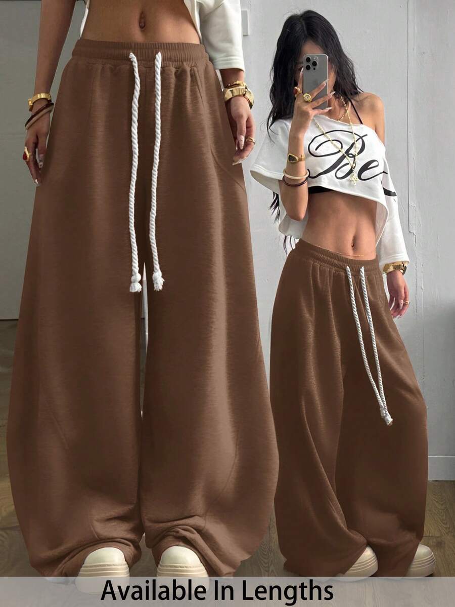 SHEIN Tall CURVE 大码女式街头风外出休闲装，大码弹力腰带舒适灰色筒裤 - 棕色 - 查看 1