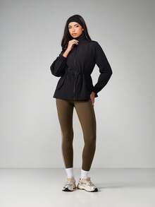 MISSGUIDED Women Zip Up Cinch Waist Windbreaker Jacket With Side Pockets And Elastic Cuffs For Spring Fall Casual Outerwear - Black - View 4