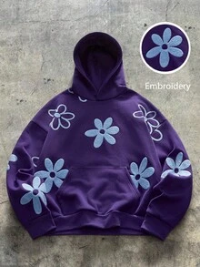 AXEPEAK 男士连帽卫衣休闲花卉图案毛巾绣针织面料宽松运动衫 - 紫色 - 查看 1