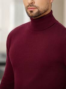 Manfinity Homme Men's Solid Color Turtleneck Long Sleeve Casual Pullover Sweater, Autumn/Winter Red Sweater Men Burgundy Top For Men