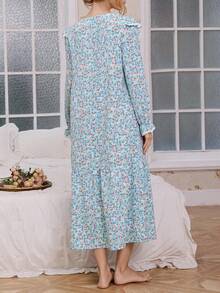 CottageSlumber French Countryside Romantic Ruffle Ditsy Floral Women Nightgown Sleepwear Pajamas Dress, Fall & Winter - Multicolor - View 2