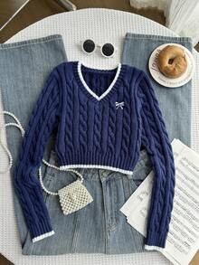 SHEIN 少女蝴蝶结刺绣V领长袖休闲毛衣，秋冬季 - 藏蓝色 - 查看 3