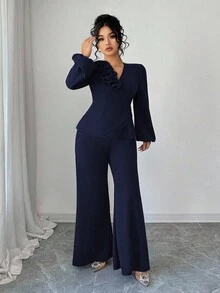 Elenzga 女士优雅酒红色交叉系带腰身花卉拼接法式A字长袖衬衫，喇叭袖，两件套，适合春秋季穿着 - 藏蓝色 - 查看 4