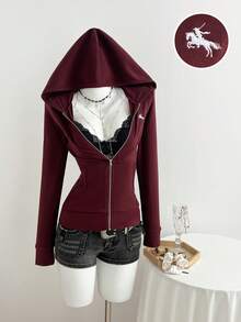 Elamini Women's Hooded Zip-Up Embroidered Fitted Long Sleeve Jacket - Burgundy - View 3