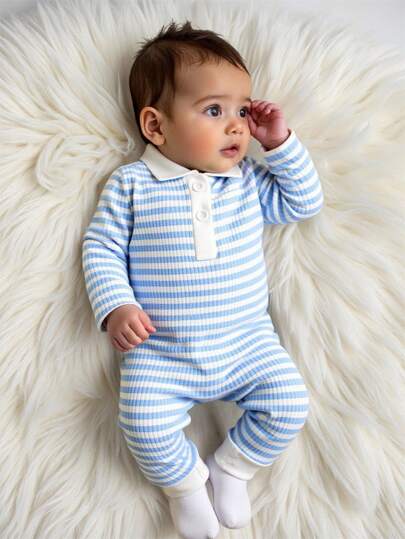SHEIN Newborn Baby Girl Cute Striped Collar Long Sleeve Jumpsuit, Lightweight & Comfortable Summer Outfit