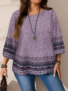 EMERY ROSE 大码女式休闲印花圆领宽松七分袖衬衫，秋冬季 - 彩色 - 查看 3