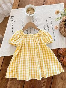 SHEIN Đầm suông tay ngắn họa tiết kẻ caro vàng dễ thương cho bé gái đi nghỉ hè - Màu vàng - Xem 2