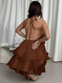 Firerie 优雅浪漫约会露背层叠下摆白色欧根纱吊带泡泡袖连衣裙，正式礼服 - 咖啡 - 查看 2