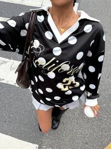 Muchica 女士新款波点字母数字印花运动 Polo 领长袖 T 恤，适合外出、返校、街头风、Y2K 风格、宽松针织衫、图案 T 恤 - 黑與白 - 查看 4