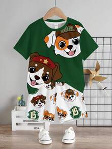 Bubblio 小狗图案，儿童精选系列，日常基础款，快乐儿童，儿童粉彩色系，机车风，家庭旅行，美好时光，我爱妈妈，我爱爸爸，温馨家园，酷炫儿童，男婴两件套休闲圆领短袖T恤和短裤，适合夏季穿着 - 彩色 - 查看 2