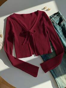 Comfortcana Áo khoác cardigan dệt kim gân màu trơn tối giản cỡ lớn, buộc dây phía trước - Màu Đỏ Sâu - Xem 10