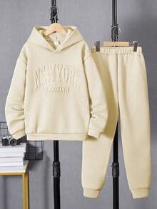 SHEIN Vacaura 2件套男童休闲连帽运动衫和运动裤针织套装，秋冬 - 杏色 - 查看 3