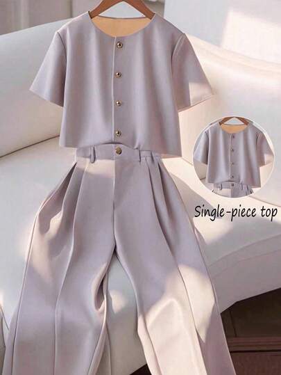 Franclia 时尚优雅圆领短袖纽扣女式衬衫