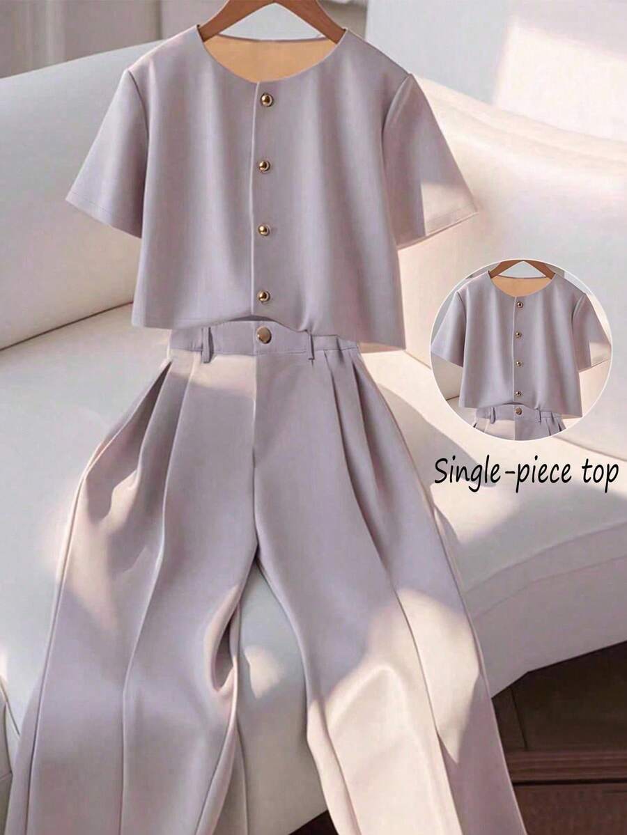Franclia Fashionable And Elegant Round Neck Short Sleeve Buttoned Blouse For Women - Grey - View 1