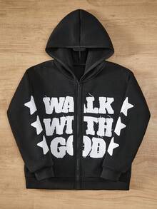 Coolqubz Tween Boys' "Walk With God" Printed Hooded Zip-Up Casual Street Jacket, Suitable For Spring, Autumn & Winter - Black - View 3