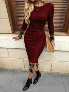 SHEIN LUNE Elegant Women's Casual Red Bohemian Style Split Twist Long Sleeve Midi Dress, Chic Retro, Suitable For Outings, Work Commute, Dates, Parties, Autumn/Winter Fall Dresses For Women Elegant Midi Dress